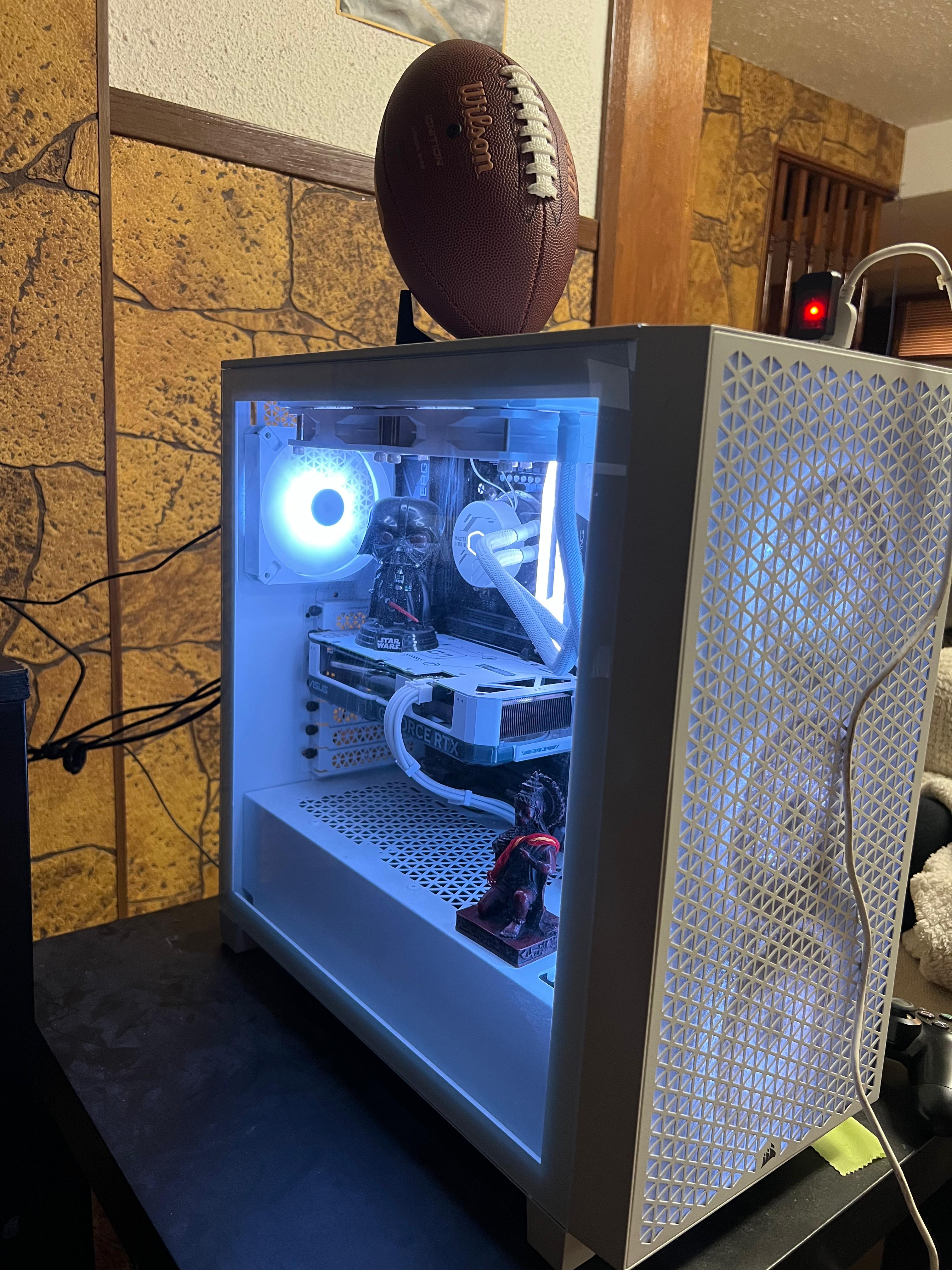 White PC case with blue RGB lighting